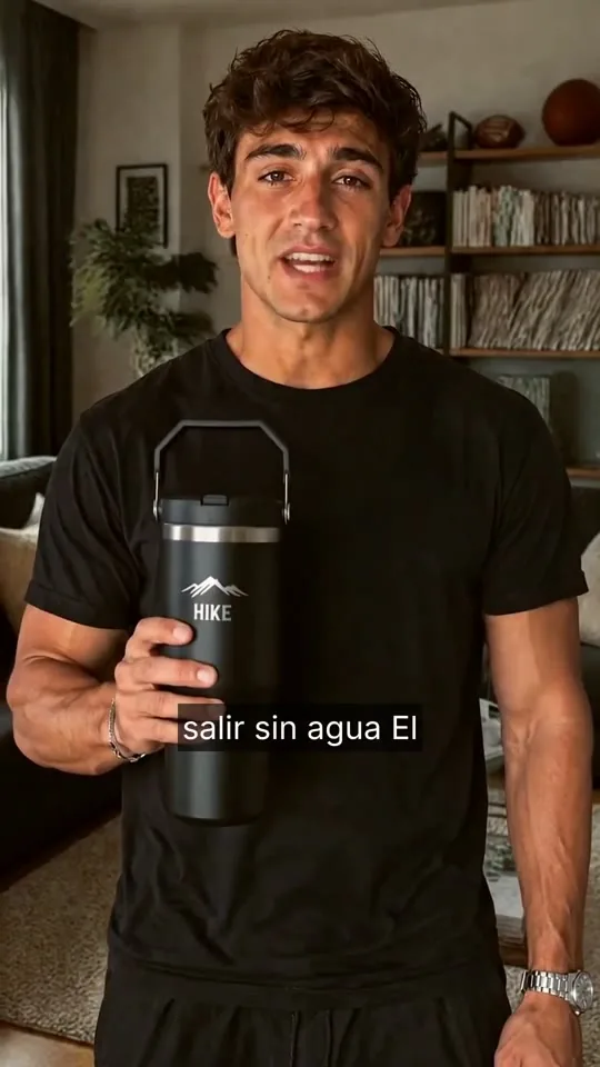 Reel con presentador hecho con Postea para HIKE: un presentador sostiene un termo negro con el logo y habla a cámara en un living; subtítulo «salir sin agua»