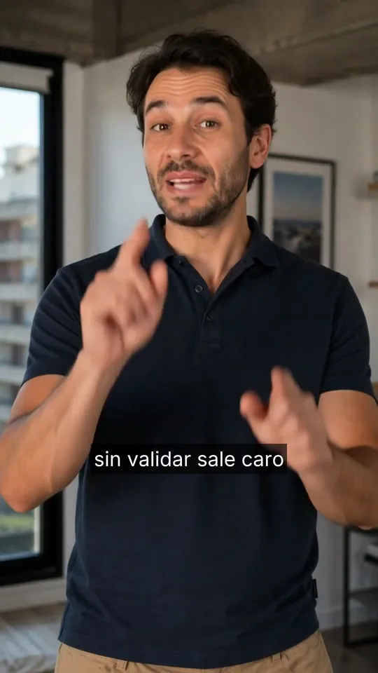 Reel con presentador hecho con Postea para Sondeo: un presentador de polo azul oscuro gesticula a cámara en un departamento; subtítulo «sin validar sale caro»