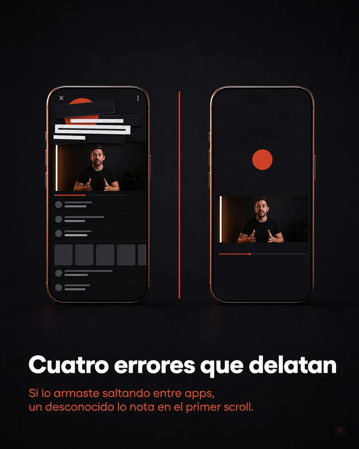 Carrusel hecho con Postea para Postea: portada con dos teléfonos lado a lado, uno con un video y bloques de texto encima; titular «Cuatro errores que delatan»