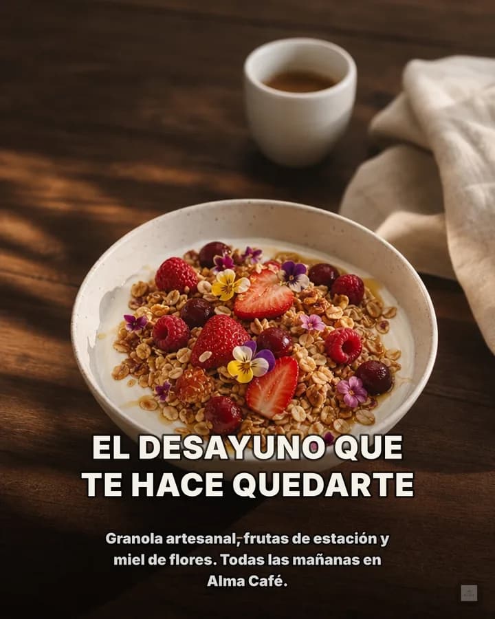 Post hecho con Postea para Alma Café: bowl de granola con frutos rojos y flores sobre una mesa de madera oscura, con una taza de café; titular «El desayuno que te hace quedarte»